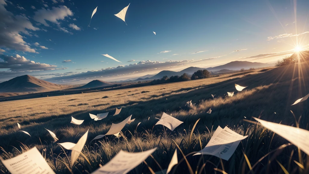 A field of papers falling from a clear blue sky, photorealistic, ultra-detailed, 8k, dramatic lighting, cinematic atmosphere, fluttering papers, motion blur, sunlight, dramatic shadows, depth of field, realistic textures, high quality, detailed environment, beautiful landscape, serene nature