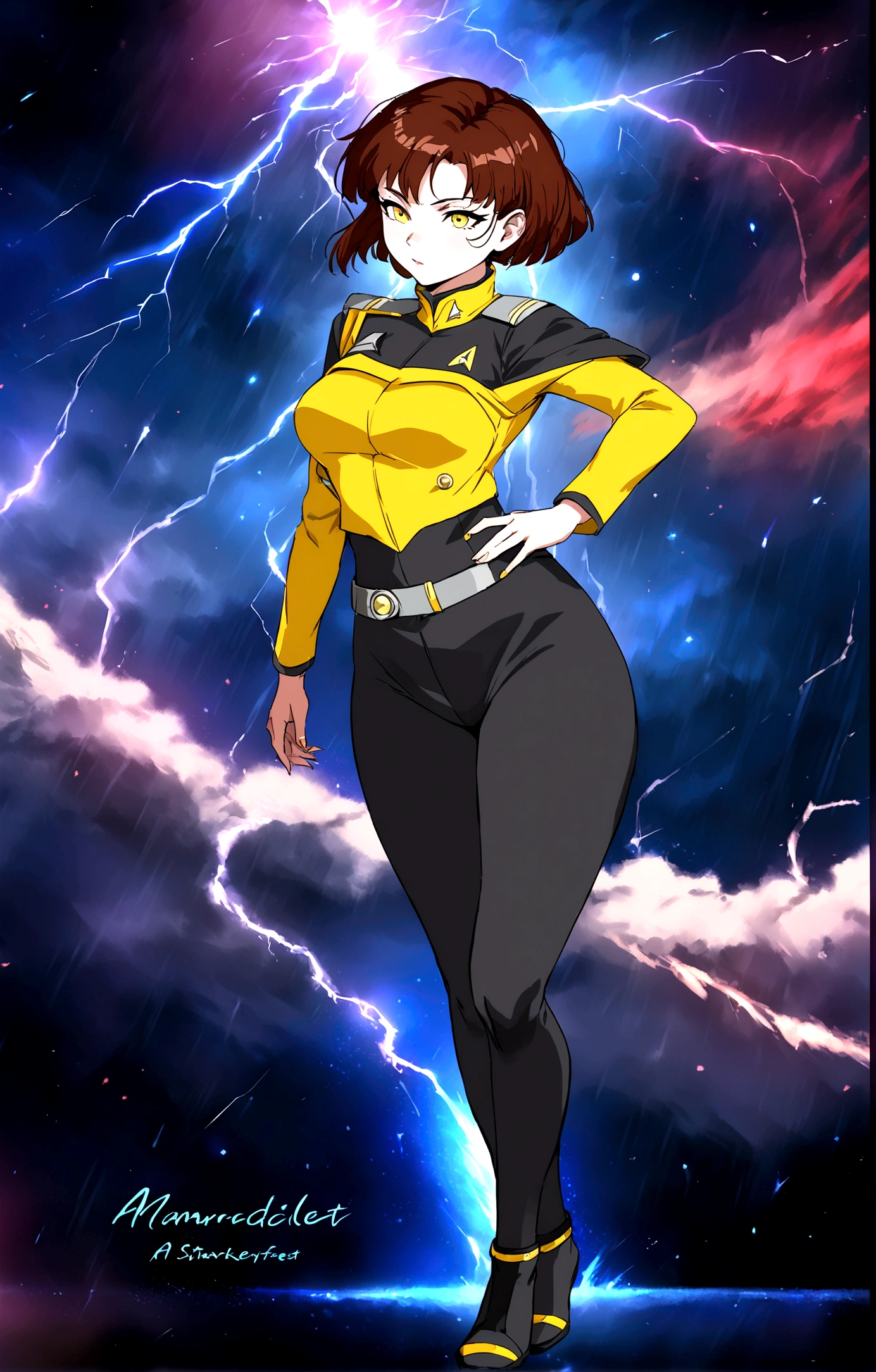a starfleet officer, star trek officer, star trek yellow uniform, a girl with short hair in a stafleet uniform, anime style, materpiece, hyper detailed masterpiece, incredible lightning, spatial background