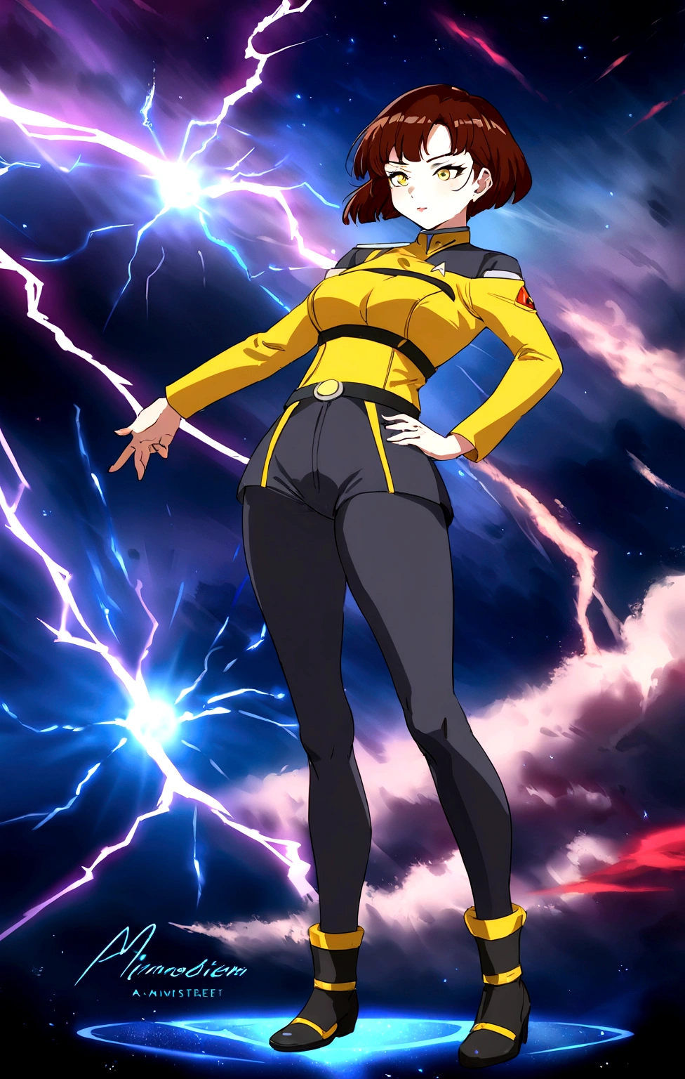 a starfleet officer, star trek officer, star trek yellow uniform, a girl with short hair in a stafleet uniform, anime style, materpiece, hyper detailed masterpiece, incredible lightning, spatial background