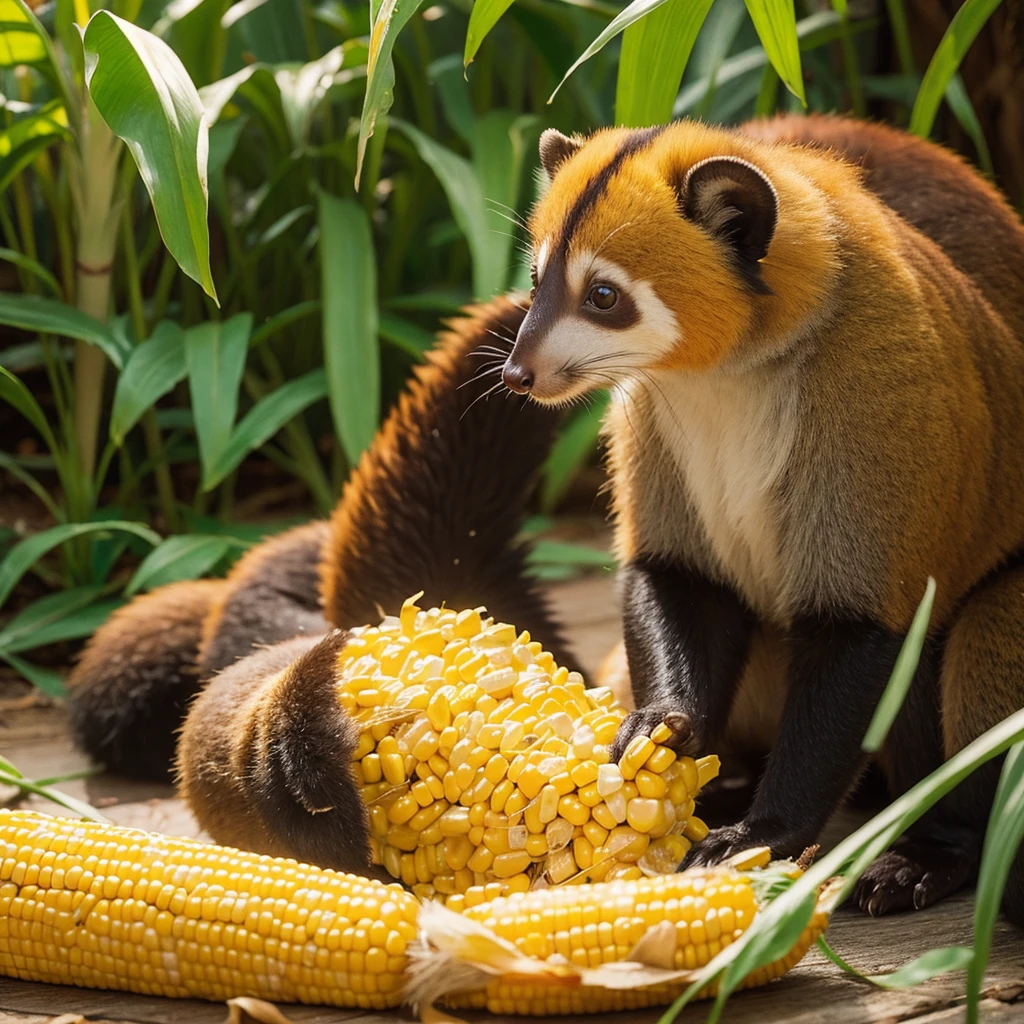 South American coati eating corn with golden lion tamarin