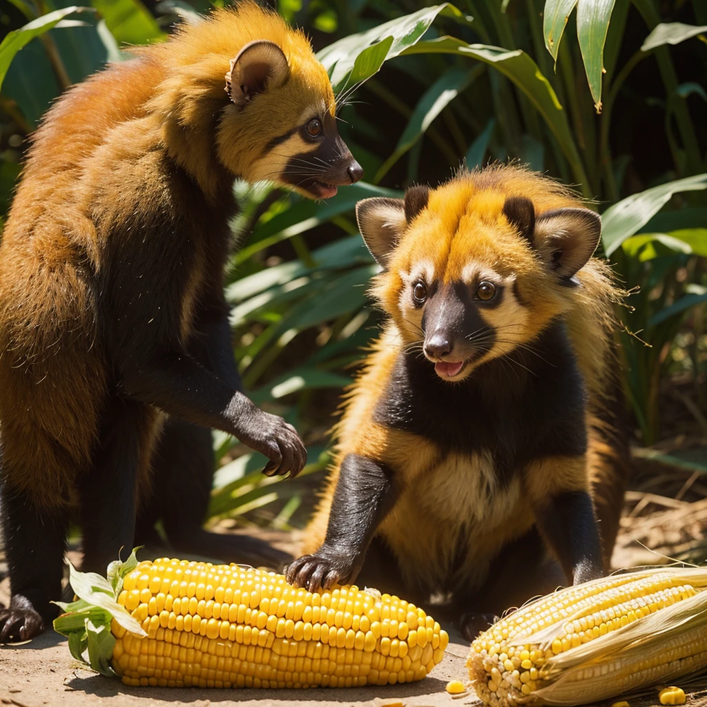South American coati eating corn with golden lion tamarin