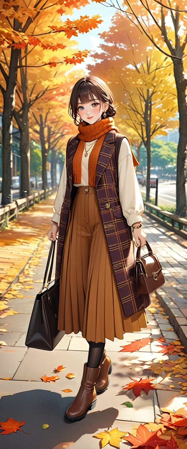 Highest quality、High resolution、Detailed Background、(Beautifully detailed face:1.4)、Beautiful women in their 20s、Highly detailed face、Cute Eye Makeup、Cute Lip Makeup、Light color hair、Cute hairstyle、
色づき始めたwood々The leaves are swaying slowly in the wind、
The sky is clear、The mountain ranges in the distance are clearly visible、
wood々The leaves that fell from the branches of、Gracefully descending to the ground、
The leaves gather together, swirl, and fly up、
Colorful fallen leaves are scattered along the road、
Every time I walk, it makes a rustling sound as it gets crushed.、
wood々The soft sunlight filtering through the branches gently illuminates the fallen leaves.、
In the light, small birds are busily flying around.、
Deep red or orange、yellow、It is recommended to incorporate autumn colors such as green.、
Pair your feet with brown short boots.、You can create an autumn look.、
It's a good idea to choose accessories that have an autumn feel.、
Necklace in gold and brown tones、Earrings、Suitable for bracelets etc.、
Ribbed knit vest、Checkered Skirt、Materials such as corduroy pants also give off an autumn vibe.、
Combine deep colors and warm materials overall.、
Outerwear such as snoods are also essential for the changing seasons.、
A sophisticated fall look with attention to detail、very beautiful