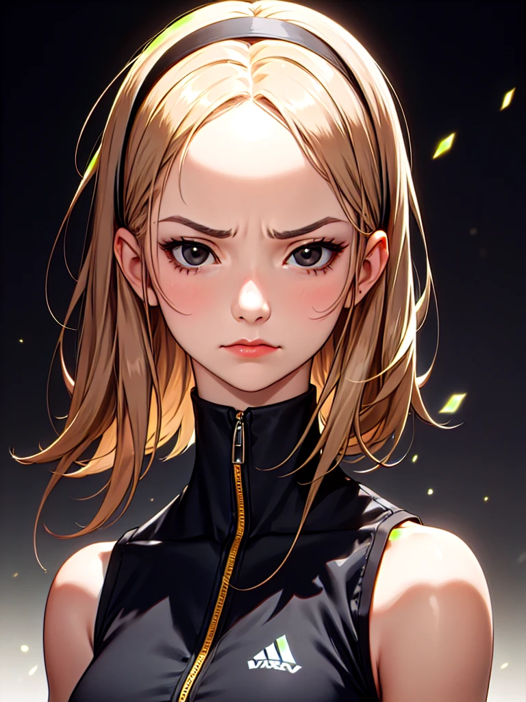 ((Portrait Photo)), She has a Cute and Youthful Childish Appearance, with a Slim Build and Well-Defined Arms. She Expresses a Strong and Determined Look, Frowning, Giving Off a Proud and Defiant Attitude. She has Sharp, Black Eyes, and Her Hair is Short and Tousled, Light Brown, with Strands Falling Over Her Forehead, Held by a Hairband. She Wears a Sleeveless Vest, Tight-Fitting Her Frame. ((Portrait Photo, HDR, Dark Background))