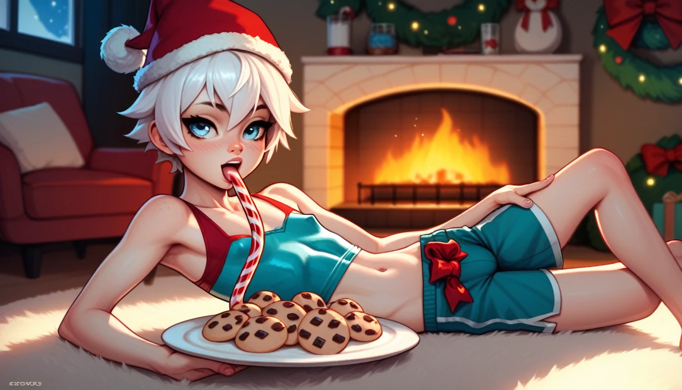 1girl, short stature, slender body, pale white skin, ((short white hair)), ice-blue eyes, rosy cheeks, slightly androgynous, small breasts, holiday hat, wearing ((clothes made of wrapping paper)), licking gigantic candy cane, youth, (fireplace), glass of milk, plate of cookies
