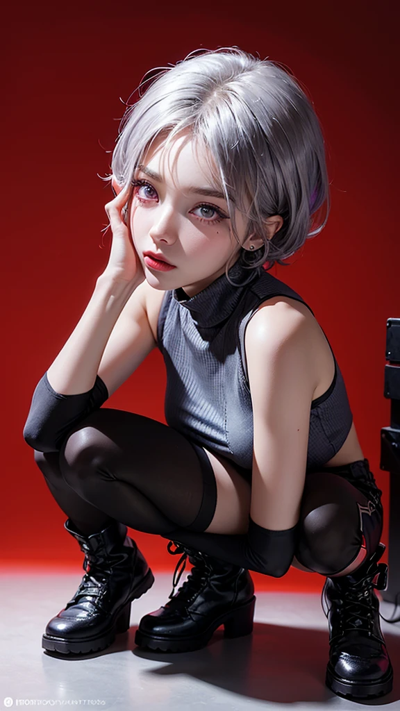 cyber punk,Recall,whole body,Recall,woman,20-year-old,Downward-facing eyes,Long eyelashes、eye shadow,Purple eyes,Small Nose,Lip gloss,short hair,Silver Hair,Glare,turtleneck,Shorts,boots,Lip Ring,squat,red background,inflammation,background,