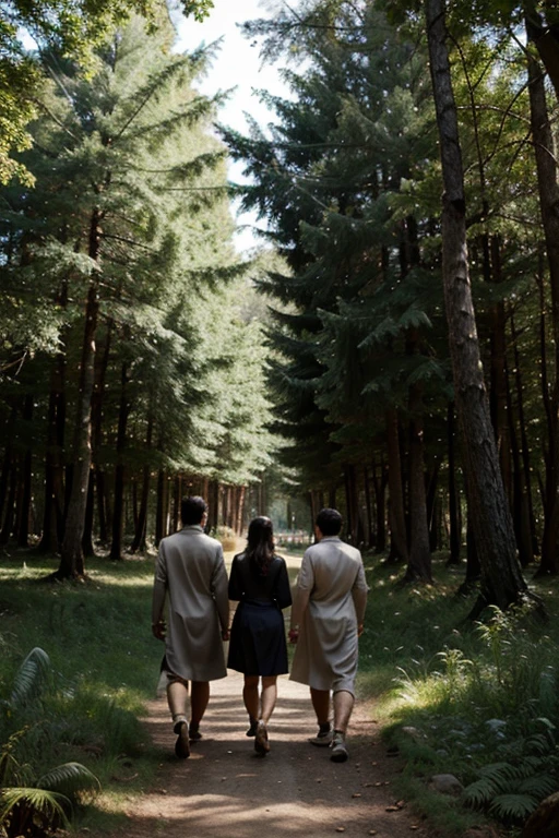 ancient men walking through a forest seeing a woman behind a tree