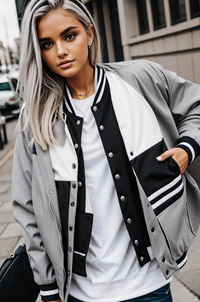 White gray black and beige American varsity jacket