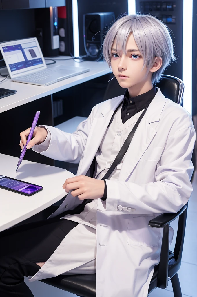 Anime-style refreshing boy, 15 years old, slim, silver hair, purple eyes, cyber laboratory, dark future laboratory, researcher, white lab coat, biting a pen, biting a ballpoint pen with teeth, thinking, sitting on a luxurious black chair