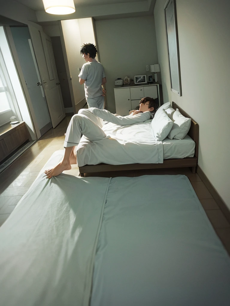 a cartoon man extremely tired struggling to wake up early morning, in pajamas crawling on floor towards bathroom, dimly lit bedroom with early alarm clock, bathroom door slightly open with light inside