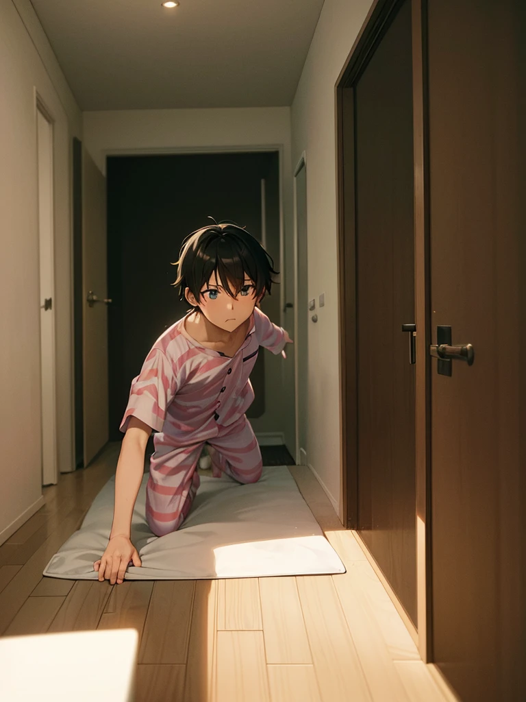 a cartoon man extremely tired struggling to wake up early morning, in pajamas crawling on floor towards bathroom, dimly lit bedroom with early alarm clock, bathroom door slightly open with light inside