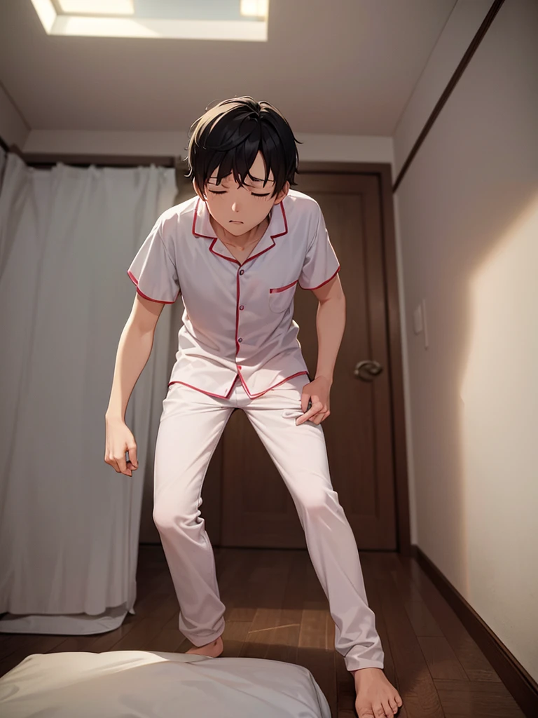 a cartoon man extremely tired struggling to wake up early morning, in pajamas crawling on floor towards bathroom, dimly lit bedroom with early alarm clock, bathroom door slightly open with light inside