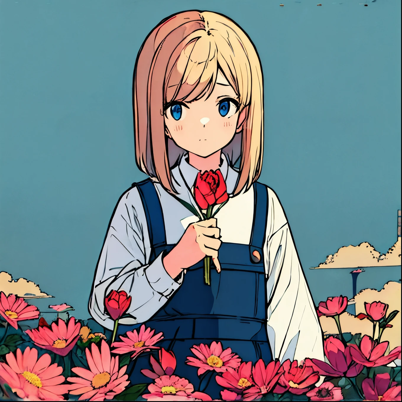 Plain background, girl in , simple, nostalgic, flower