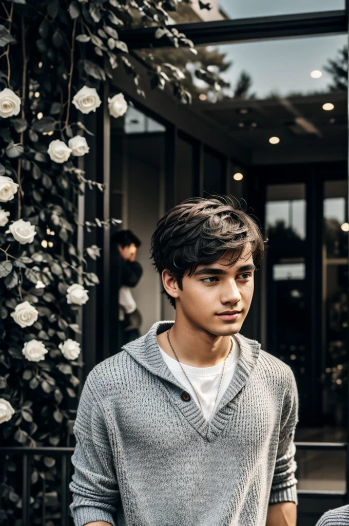Black and white book cover Garden of black roses with a young couple.
Boy with messy hair in a white sweater Girl with short dark hair with GRAY AND BRIGHT EYES THAT CATCH ATTENTION and basic clothes Boy