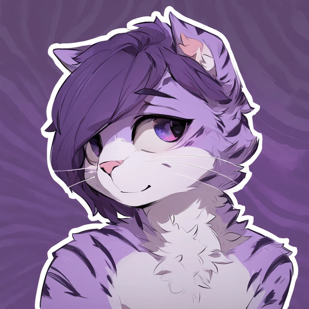 adult, feline, mammal, anthro, anthropomorphic, cat, striped, fur, striped_feline, fur, male, light_purple, purple_hair, fluffy, white, white_chest, shy, small_pupils, digital_art, high_resolution, high_res, hand-drawn, pencil_lines, head_visible, background, neck_visible, seductive_face, detailed_line_work, profile_picture, head_visible, purple_galaxy_background, cute
