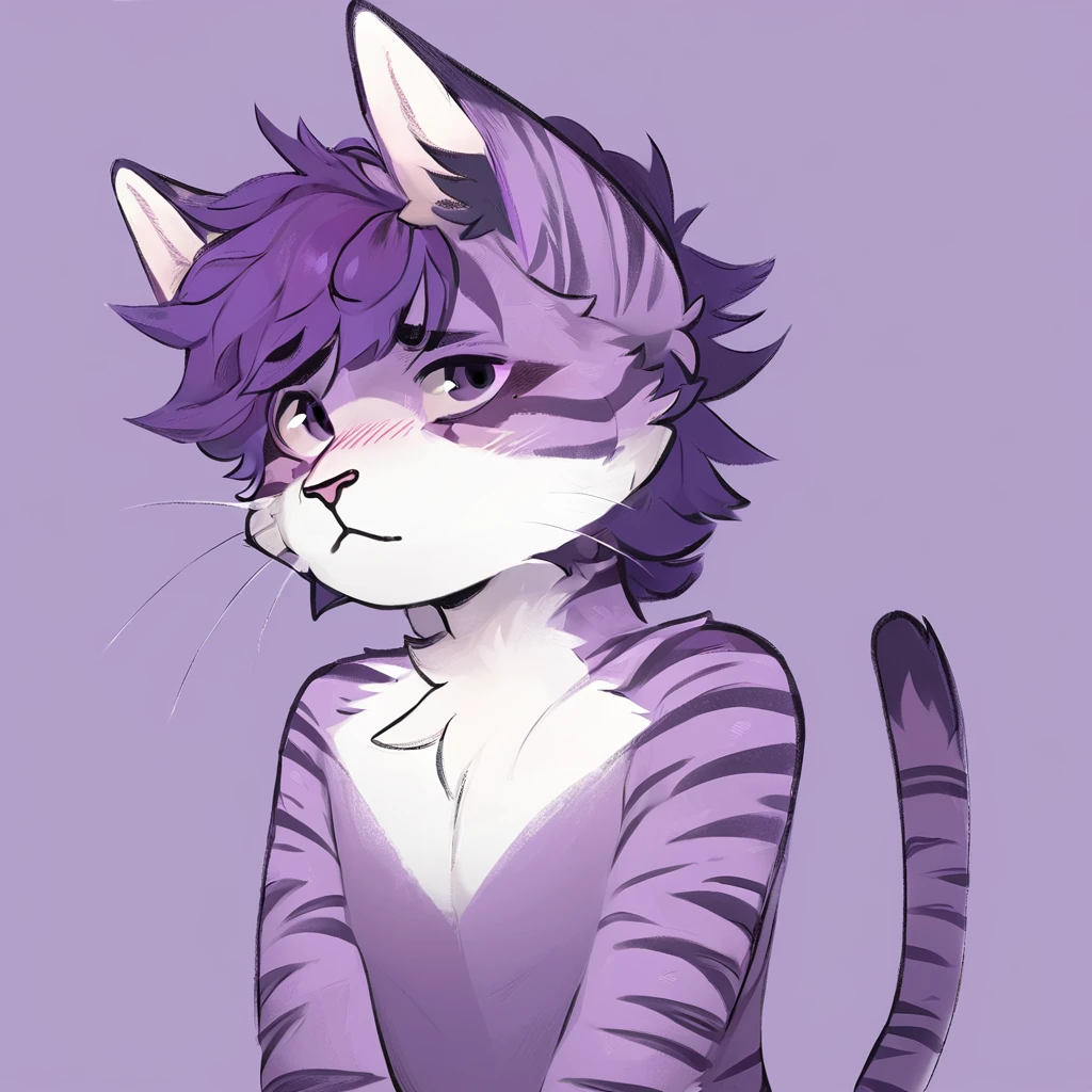 adult, feline, mammal, anthro, anthropomorphic, cat, striped, fur, striped_feline, fur, male, light_purple, purple_hair, fluffy, white, white_chest, shy, small_pupils, digital_art, high_resolution, high_res, hand-drawn, pencil_lines, head_visible, background, neck_visible, seductive_face, detailed_line_work, profile_picture, head_visible, purple_galaxy_background, cute