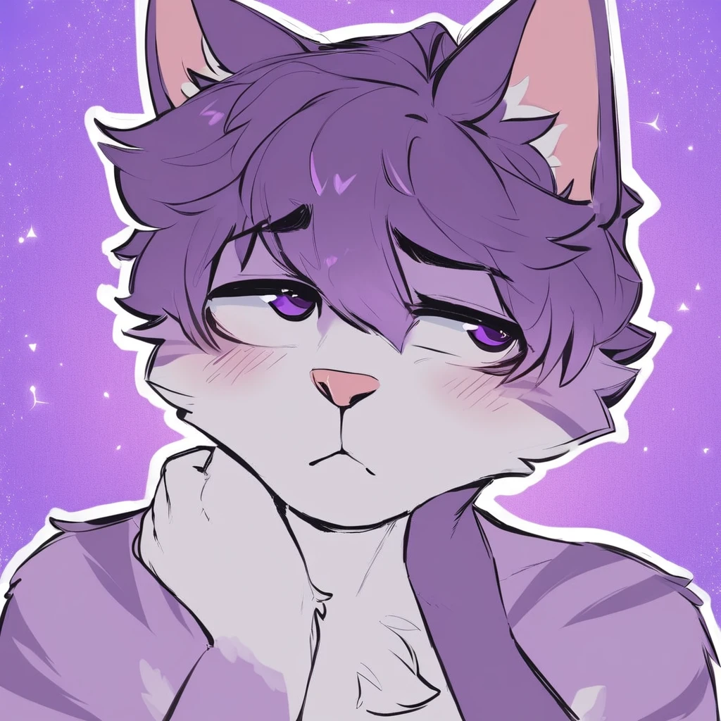 adult, feline, mammal, anthro, anthropomorphic, cat, striped, fur, striped_feline, fur, male, light_purple, purple_hair, fluffy, white, white_chest, shy, small_pupils, digital_art, high_resolution, high_res, hand-drawn, pencil_lines, head_visible, background, neck_visible, seductive_face, detailed_line_work, profile_picture, head_visible, purple_galaxy_background, cute