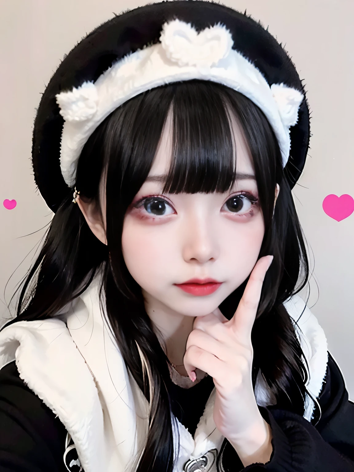 RAW Photos,(8K)、(Highest quality: 1.2)、(Real)、(Real: 1.37)、A young woman with long black hair、Wearing a black beret、Wearing a white hoodie。There are two pink heart emojis above the mouth。The background is plain white。Close-up of face。