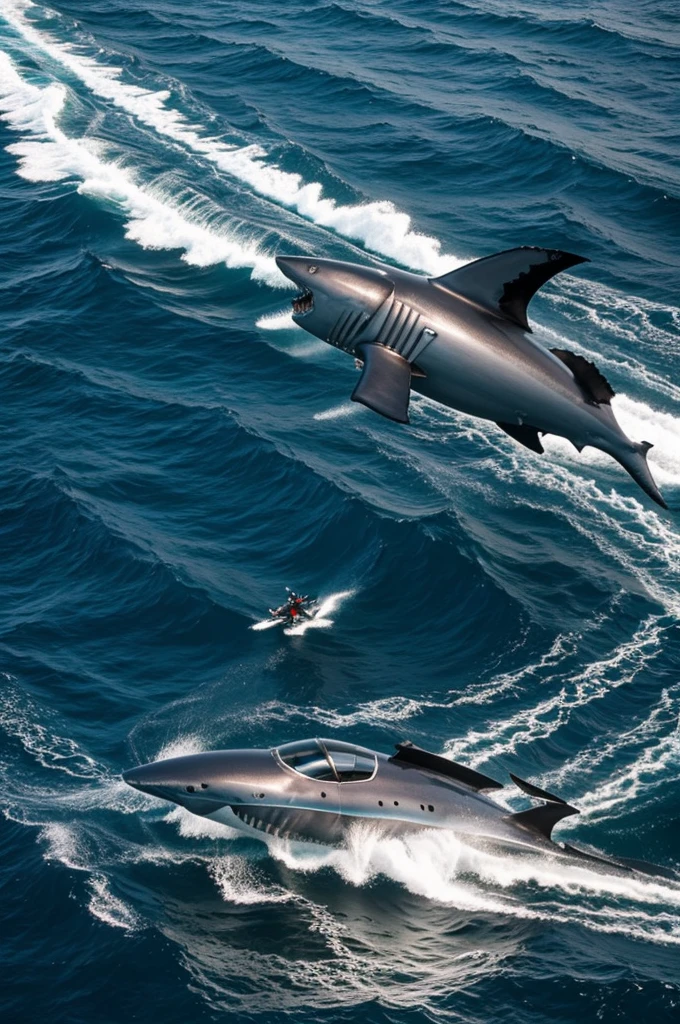 robot in the middle of the ocean fighting a white shark 