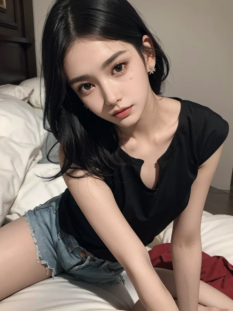 absurdres, RAW photo, extremely delicate and beautiful, masterpiece, Best Quality, ultra high resolution, 32k, hyperrealistic, ultra-detailed, perfect figure, in her 20s, small head, small face, delicate facial features, tearful mole, earring, big breasts, full body shot, medium hair, black hair, sleeveless collared shirt, shorts, bare legs,