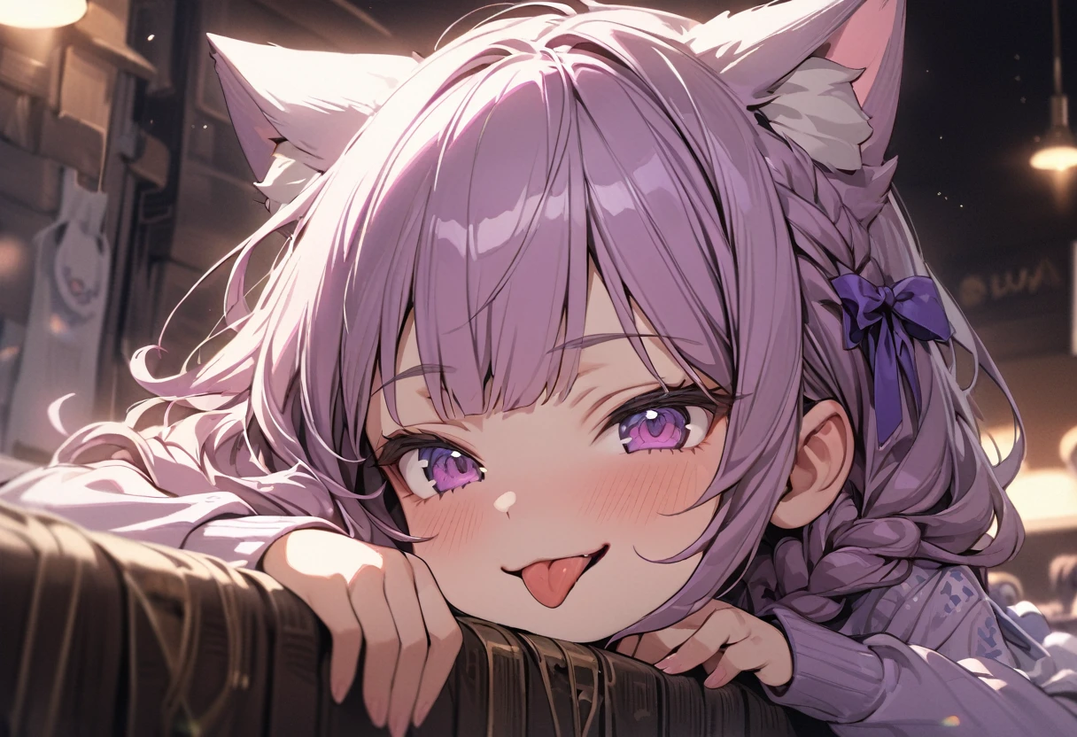 ((Masterpiece)), ((best quality)), ((kawaii)), ((extremely detailed)), 4K, (8K), (super detail:1.2), (High Definition:1.3), (Professional Photography:1.2), cinematic lighting, (very aesthetic:1.2), (absurdres:1.2), (sharp focus), (perfect light), ((1girl)),(()), (1girl), cute young girl, (naughty smile), ((sticking out tongue)), (Beautiful deep purple eyes:1.2), (put on cat ears),  girl, (Embroidered cute camisole), small breast, Healthy skin, (Healthy slim body), shortpants, pudgy cheeks, BREAK, ((best quality)), (very aesthetic:1.2), (absurdres:1.2), ((extremely detailed)), (loose blunt bangs), ((loose braids)), medium hair, ((beautiful pale brown hair)), 🌈, ((Eating vanilla ice cream)), loose sitting on chair, ice cream on the café terrace, (the Midsummer Cafe Terrace),  Large Cumulonimbus Clouds, pastel colors clouds, kawaii, cute colors,