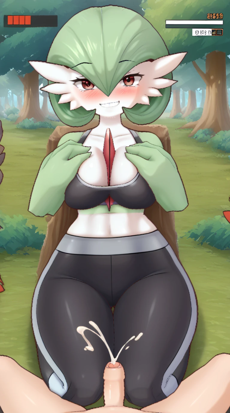 GardevoirXL, gardevoir (Pokemon), pokemon, Monster girl quest, gardevoir, anthro, white skin, large breasts, thick thighs, wide hips, in sports bra with yoga pants and over the knee boots, seductive mature smile, smug, (half open eyes), blush, 1boy, 1girl, larger female, large female, front view, (pov), forest background, ((titjob)), (paizuri), female sitting on boy, breasts wrapped around penis, penis penetrating cleavage, squeezing penis, foreskin, retracted foreskin, cumming, pinning down boy, looking at eachother, looking at boy, scared boy, fearful boy, (squeezing penis between breasts), penis between tits, squeezing, pulling down foreskin, (large breasts), (((health bar))), masterpiece, score_above:9, pokemon masters ex, game style, ((hands on chest)), (((squeezing breasts together on penis))), (((titfuck))), ((breasts placed over penis))