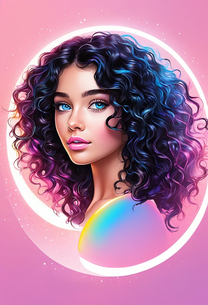 ((mejor calidad))logo of the title "euphoria", ligth pink colors, logo for a influenser,long black curly hair, tanned skinand blue eyes