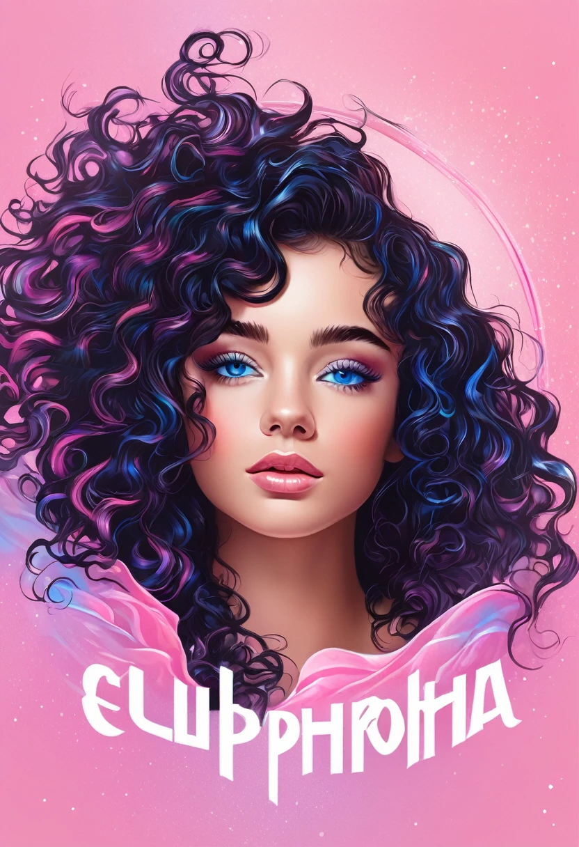 ((mejor calidad))logo of the title "euphoria", ligth pink colors, logo for a influenser,long black curly hair, tanned skinand blue eyes