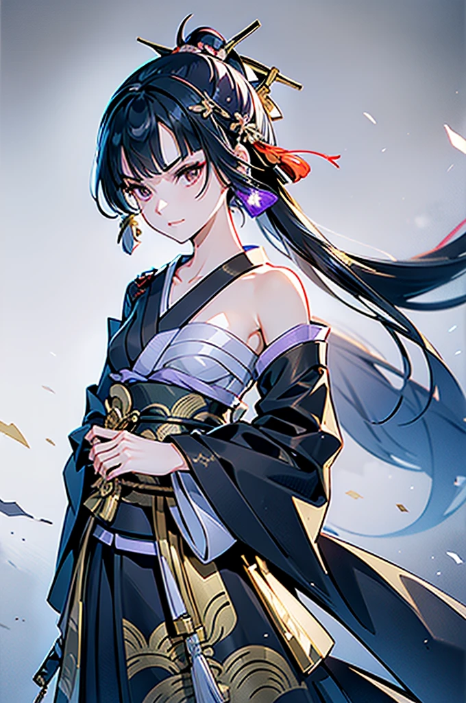 ((roll up bandage sideways on a chest tightly to cover the chest without gaps)), the bantage is no chest shape, flat chest, Japanese Gangster BOSS, adult woman with the dignified presence, Killing Qi, wear nothing around shoulder, wear nothing around neck, wear the kimono, wear it below the waist, (I wind it up to control it, and to attach it), ((kimono come off)) ,wear the kimono multiple times, Bare shoulders and the clavicle, black and gold kimono, put on over jacket of kimono, (holding a japanese sword which shine in purple, The handole of the sword is black, and the blade is gray, long sword), eye fire, low angle, whole body, bandage is seen, anime character, Glaring, off sholder, nappropriate smile, Excellent, black blue hair, can see both shoulder, long hem, small face