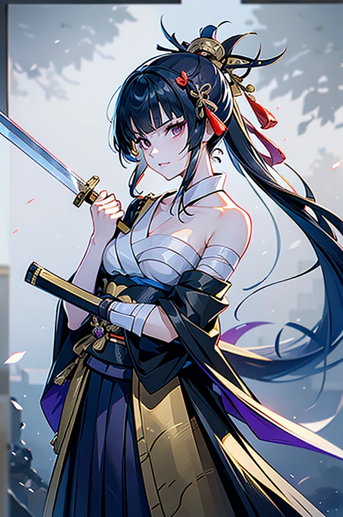 ((roll up bandage sideways on a chest tightly to cover the chest without gaps)), the bantage is no chest shape, flat chest, Japanese Gangster BOSS, adult woman with the dignified presence, Killing Qi, wear nothing around shoulder, wear nothing around neck, wear the kimono, wear it below the waist, (I wind it up to control it, and to attach it), ((kimono come off)) ,wear the kimono multiple times, Bare shoulders and the clavicle, black and gold kimono, put on over jacket of kimono, (holding a japanese sword which shine in purple, The handole of the sword is black, and the blade is gray, long sword), eye fire, low angle, whole body, bandage is seen, anime character, Glaring, off sholder, nappropriate smile, Excellent, black blue hair, can see both shoulder, long hem, small face