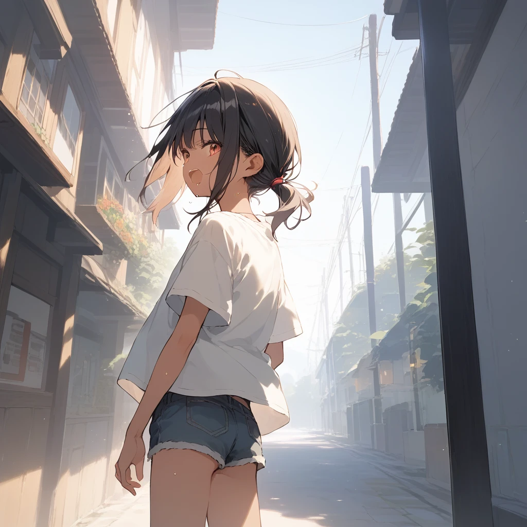score_9, score_8_up, score_7_up, source_anime, best quality, masterpiece, official art, absurdres, highres, ultra-detailed,waifu2x,Collection: Slice of Life,break,1girl, tomboy, dark-skinned female, short hair, low ponytail, flat chest, beautiful detailed eyes, short shorts, sweat, open mouth, (yawn:0.3), sleepily, outdoors, wind,break,(clear line illustration:1.2), super detailed skin,very high resolution, very aesthetic, Best sexual lighting powered by famous artist, 8k,cute picture,beauty illustration,photoshop_(medium),,(Detailed Lighting),best anime 8k konachan wallpaper, pixiv contest winner,