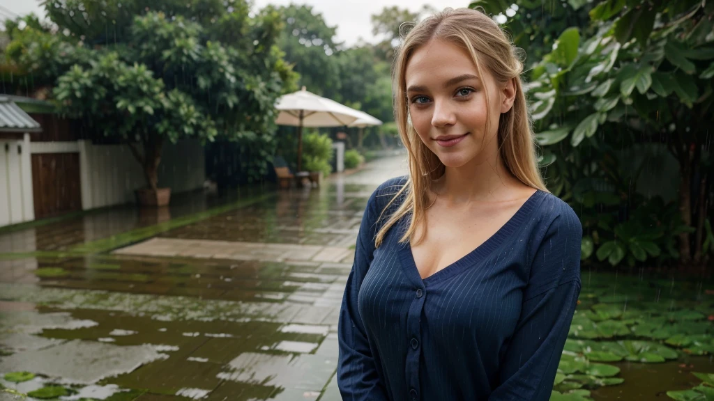 Lily Bowman), posing, modeling full body, with casual navy outfit design, sexy smile, rain, best quality, blur background with Green Eyes, , Ultra Realistic, Meticulously Detailed, Portrait, Blonde Hair and Big Eyes, Selfie of a Young Woman, Green Eyes, No Makeup, Natural Makeup, Looking Directly at the Camera, face artgram, subtle make-up, Impressive photo, stand, with sexy smile, Medium and large size chest, allowing the face to be seen clearly, rain.