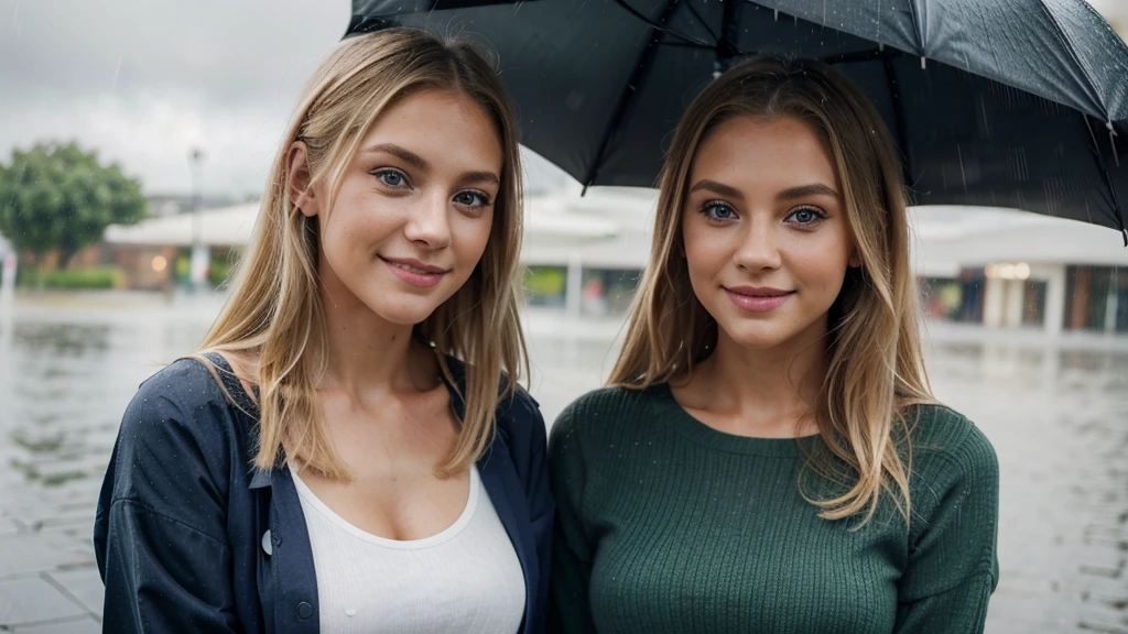 Lily Bowman), posing, modeling full body, with casual navy outfit design, sexy smile, rain, best quality, blur background with Green Eyes, , Ultra Realistic, Meticulously Detailed, Portrait, Blonde Hair and Big Eyes, Selfie of a Young Woman, Green Eyes, No Makeup, Natural Makeup, Looking Directly at the Camera, face artgram, subtle make-up, Impressive photo, stand, with sexy smile, Medium and large size chest, allowing the face to be seen clearly, rain.