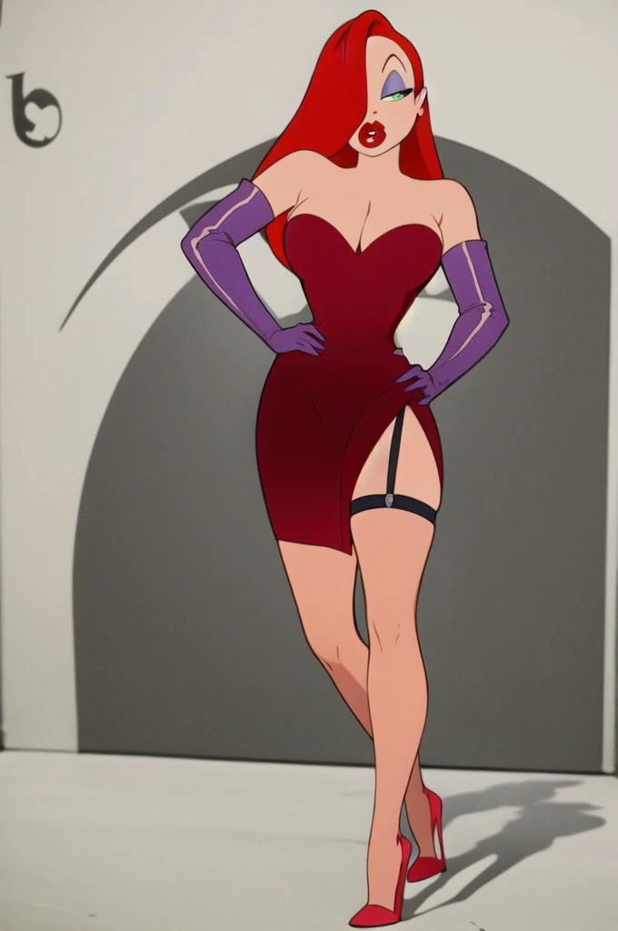 masterpiece, best quality,
1girl, jessicarab, red hair, long hair, hair over one eye, green eyes, bare shoulders, cleavage, red dress, strapless, elbow purple gloves, high heels, lipstick, makeup,  side slit, Brown stockings,  garter belt, 
hands on hips, standing, full body, solo, looking at viewer, simple background     