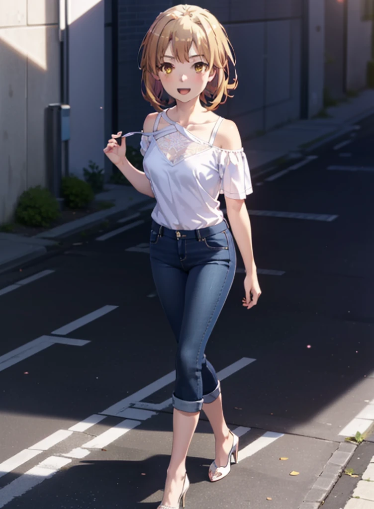 Irohaisshiki, isshiki iroha, Short Hair, Brown Hair, (Brown eyes:1.5), blush,ponytail,
happy smile, smile, Open your mouth,Cold Shoulder Shirt,Short sleeve skinny jeans,Stiletto heels,Daytime,Clear skies,Walking,whole bodyがイラストに入るように,
break outdoors, School,courtyard,
break looking at viewer,whole body,
break (masterpiece:1.2), Highest quality, High resolution, unity 8k wallpaper, (figure:0.8), (Beautiful attention to detail:1.6), Highly detailed face, Perfect lighting, Highly detailed CG, (Perfect hands, Perfect Anatomy),
