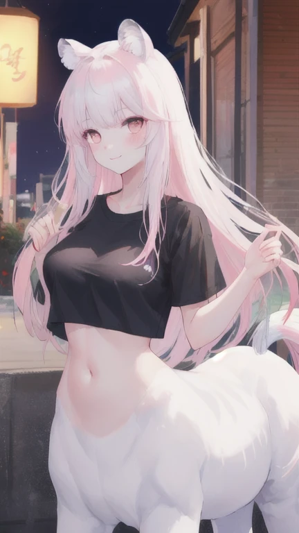 (best quality, masterpiece), 1 girl, centaur, It takes, White skin, Korean , ((23 years old)),black pink,Smiling, exposing the abdomen, belly button t-shirt , 아름다운 소녀 perfect white tiger photo, perfect white tiger photo