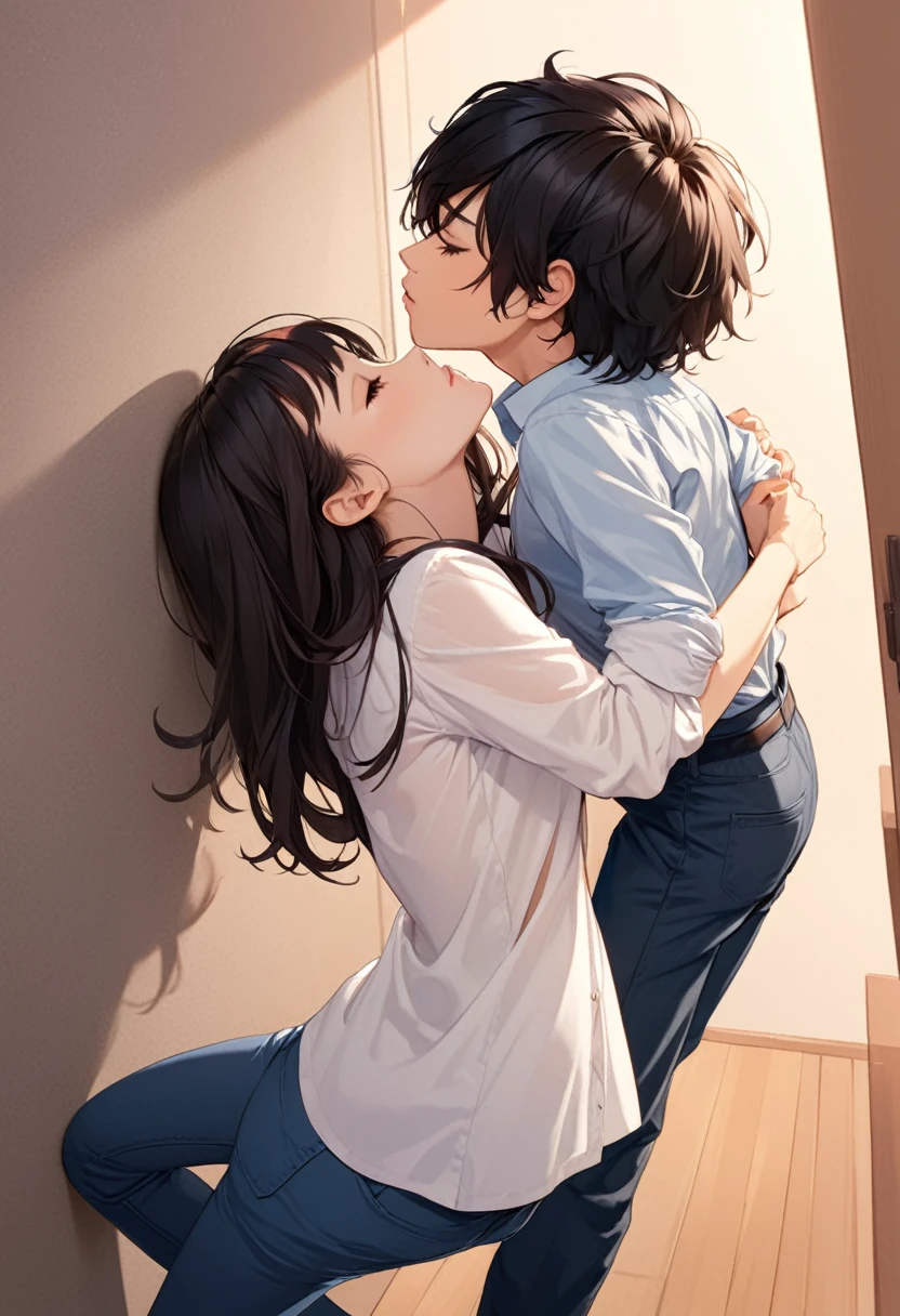 detailed illustration, dynamic angle, ultra-detailed, illustration, 1girl, 1boy, kissing, kiss, bedroom, , plaid skirt, white shirt, blue pants, arms pinned above her head, black hair, long black hair, evening, against the wall, girl pinned, girl against wall, girl's arms up, arms pinned against wall, boy holding girl's wrist, leg up