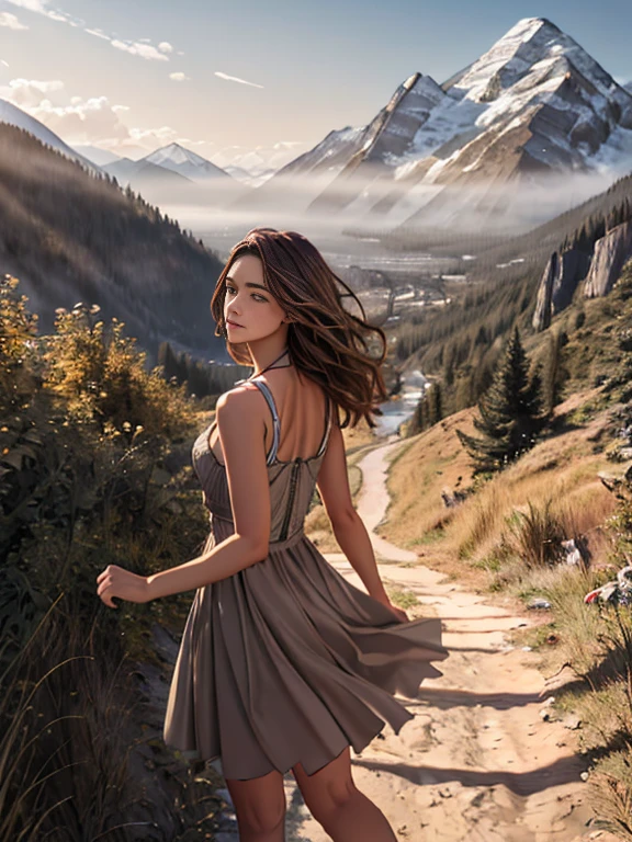 (Highest quality, masterpiece:1.2), Super detailed, Realistic:1.37, High resolution, Detailed Background, Majestic Mountain々Silhouette of a girl walking along a path stretching to the horizon, A person stretching in sunlight from a mountaintop, Beautiful scenery decorated with earth tones, A hopeful and inspiring atmosphere, A gentle and heartwarming portrayal, Delicate depiction of people and emphasis on landscapes.