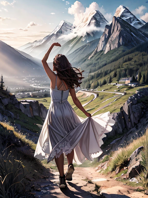 (Highest quality, masterpiece:1.2), Super detailed, Realistic:1.37, High resolution, Detailed Background, Majestic Mountain々Silhouette of a girl walking along a path stretching to the horizon, A person stretching in sunlight from a mountaintop, Beautiful scenery decorated with earth tones, A hopeful and inspiring atmosphere, A gentle and heartwarming portrayal, Delicate depiction of people and emphasis on landscapes.