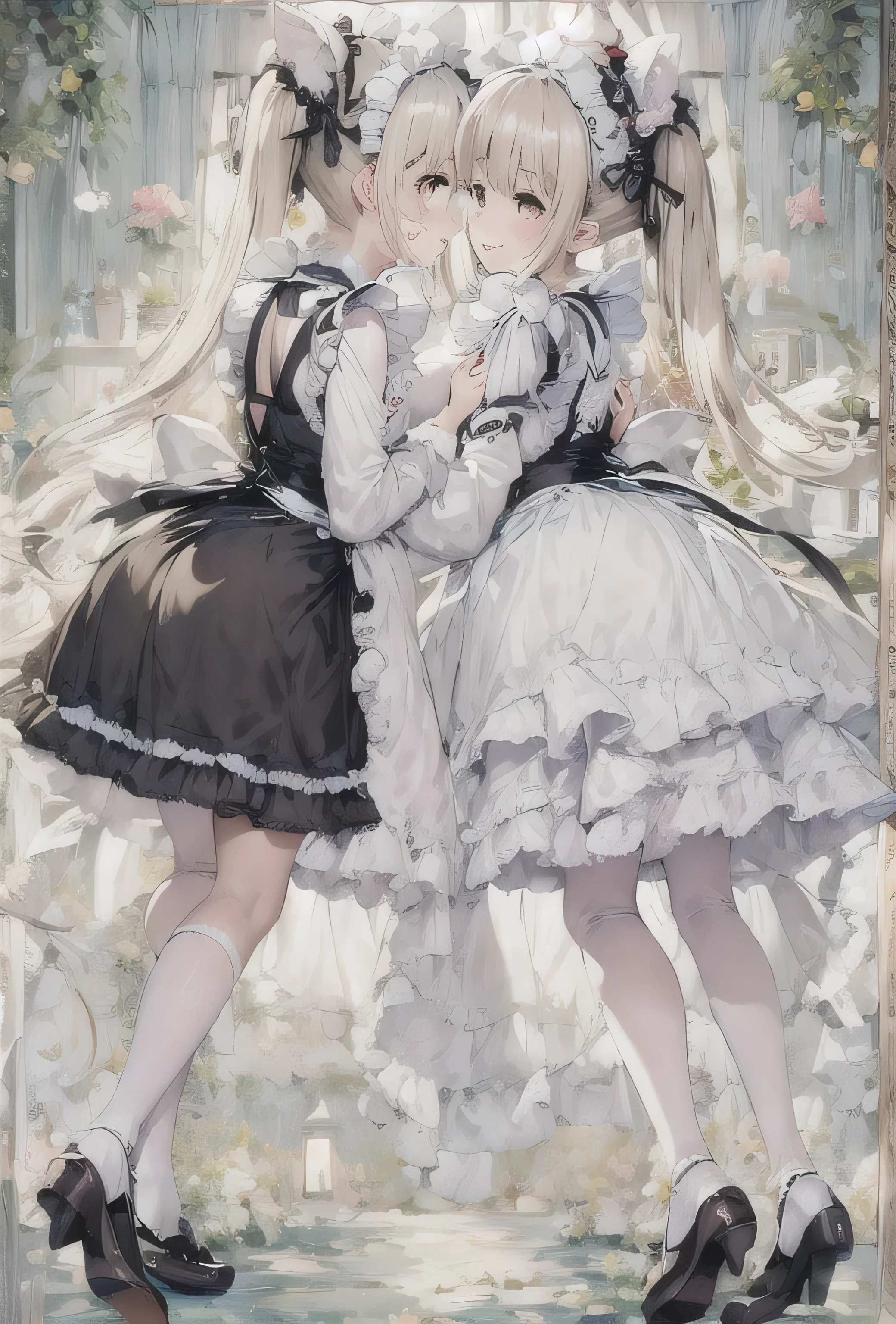 elvish two teen girls, Platinum blonde Hair、Twin tails、Brown eyes、smiling, Black maid outfit(Long sleeve、Long skirt)、White apron(long length、Bow on the back)、White tights、White petticoat(Lots of frills)、White ruffled headdress、Black strap shoes, hugging each other