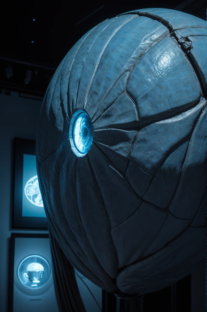 Smart museum with several illustrations and a giant brain as the main attraction (ultra realistic, detailed, detailed colors, dramatic feeling, feeling of seriousness, blue light) make the place all dark, with low lighting