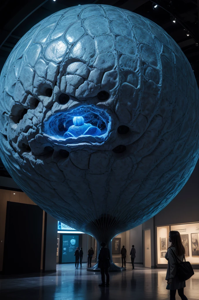 Smart museum with several illustrations and a giant brain as the main attraction (ultra realistic, detailed, detailed colors, dramatic feeling, feeling of seriousness, blue light) make the place all dark, with low lighting