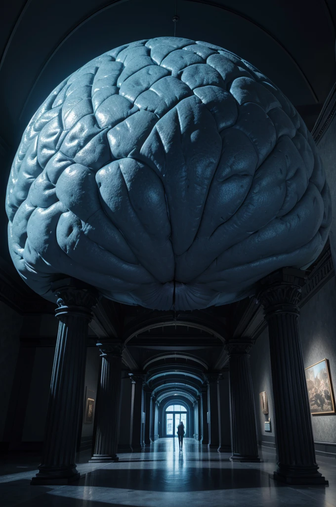 Smart museum with several illustrations and a giant brain as the main attraction (ultra realistic, detailed, detailed colors, dramatic feeling, feeling of seriousness, blue light) make the place all dark, with low lighting