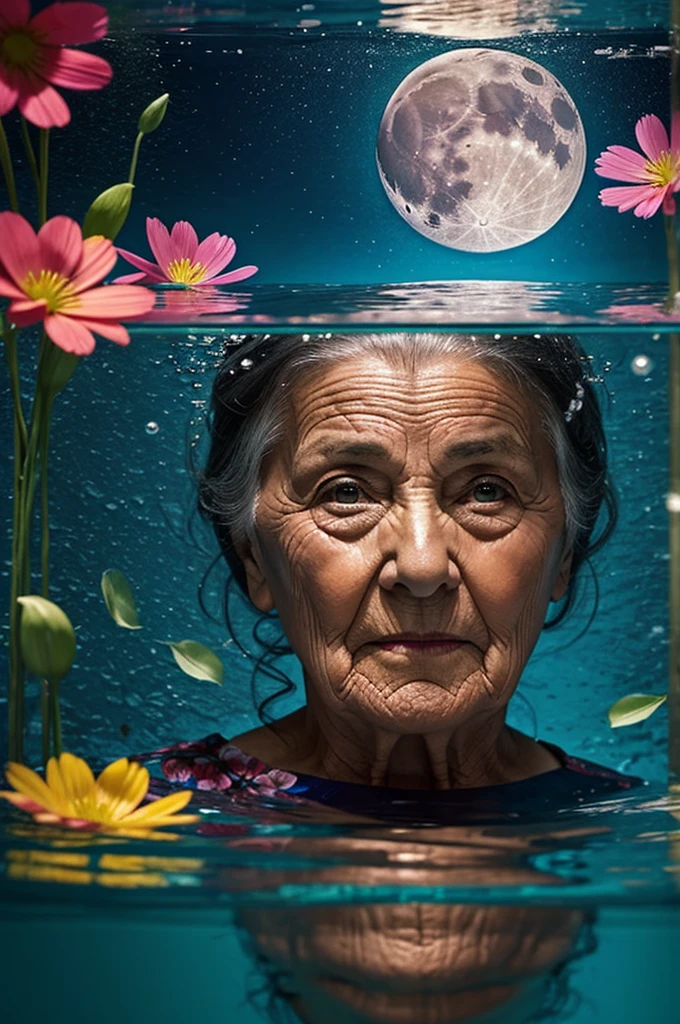 Retro old woman with colorful dress inside the water inside a shelf with her face out of the water falling flowers impressive reflections by the moon texture and realism