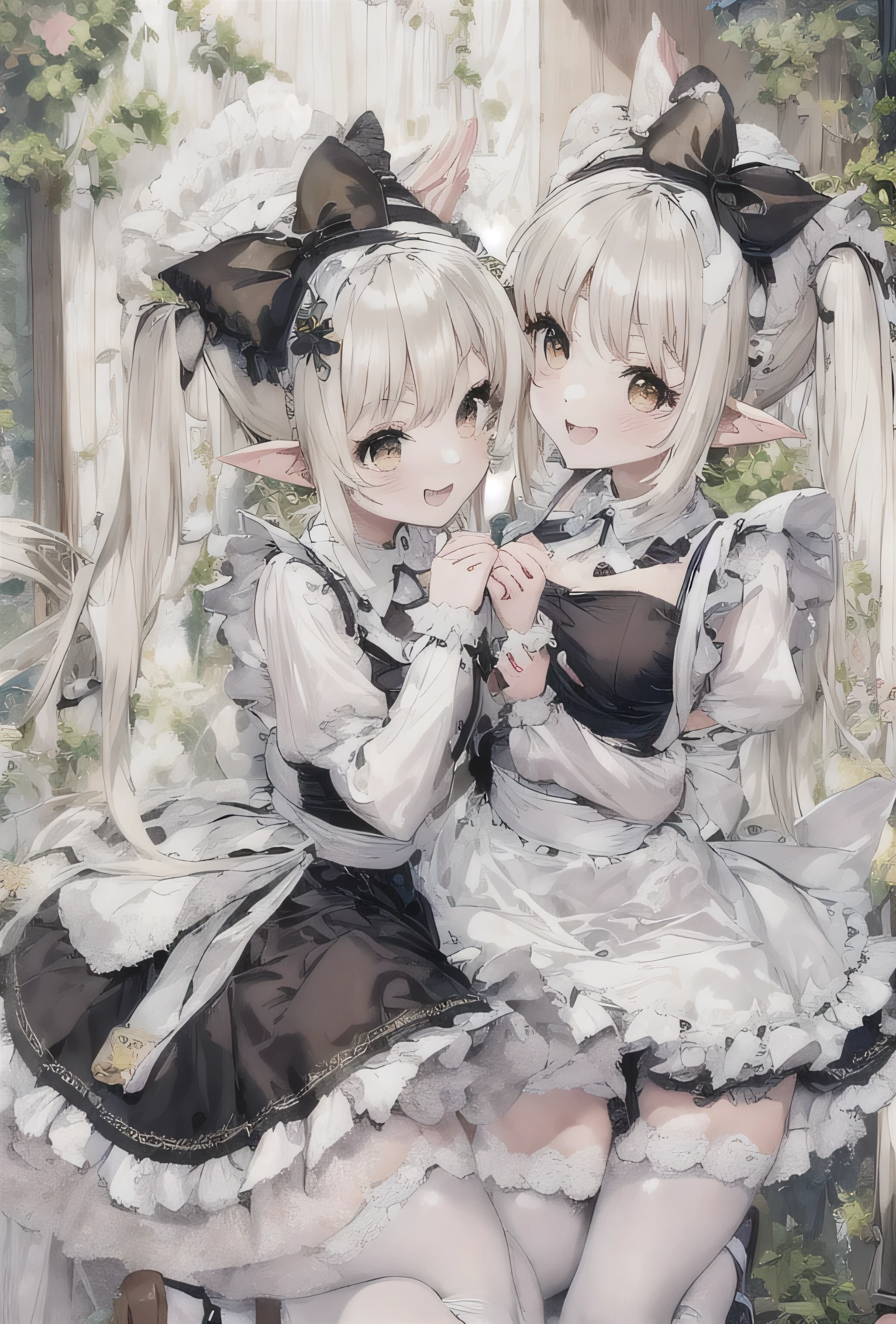 elvish two teen girls, Platinum blonde Hair、Twin tails、Brown eyes、smiling, Black maid outfit(Long sleeve、Long skirt)、White apron(long length、Bow on the back)、White tights、White petticoat(Lots of frills)、White ruffled headdress、Black strap shoes, hugging each other