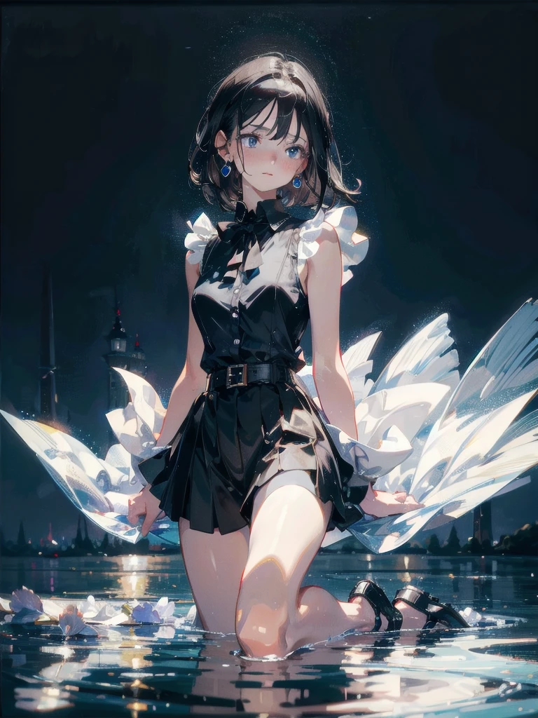 absurdres, RAW photo, extremely delicate and beautiful, masterpiece, Best Quality, ultra high resolution, 32k, hyperrealistic, ultra-detailed, perfect figure, in her 20s, very small head, very small face, delicate facial features, tearful mole, earring, huge breasts, full body shot, medium hair, black hair, sleeveless collared shirt, shorts, bare legs,