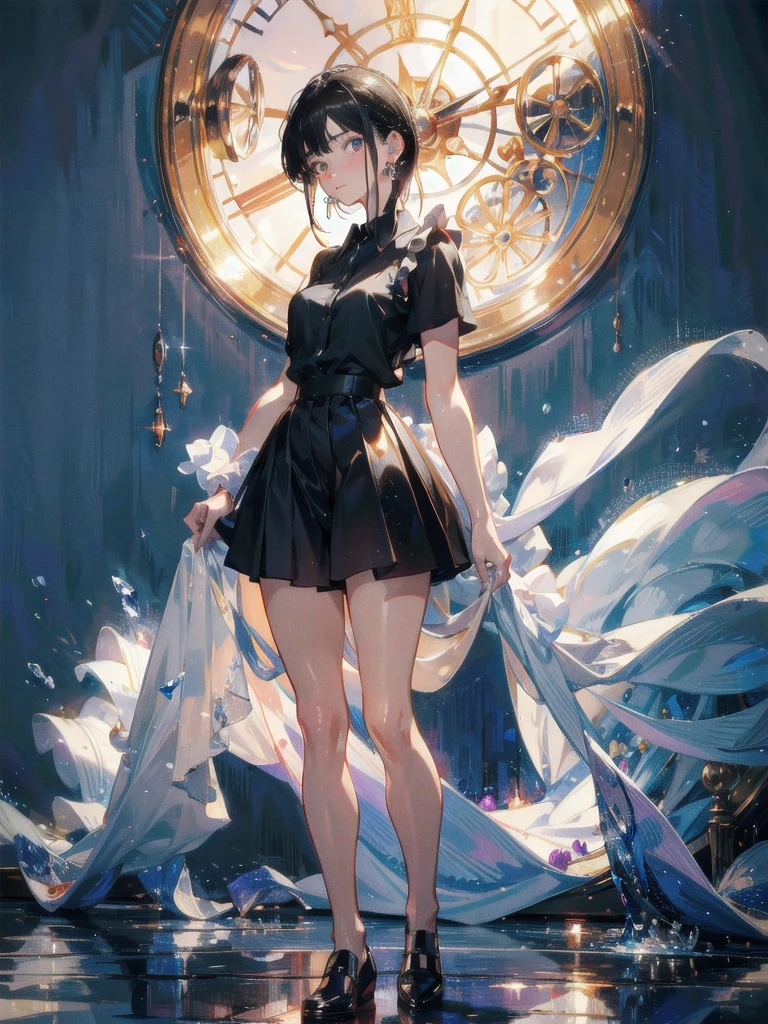 absurdres, RAW photo, extremely delicate and beautiful, masterpiece, Best Quality, ultra high resolution, 32k, hyperrealistic, ultra-detailed, perfect figure, in her 20s, very small head, very small face, delicate facial features, tearful mole, earring, huge breasts, full body shot, medium hair, black hair, sleeveless collared shirt, shorts, bare legs,