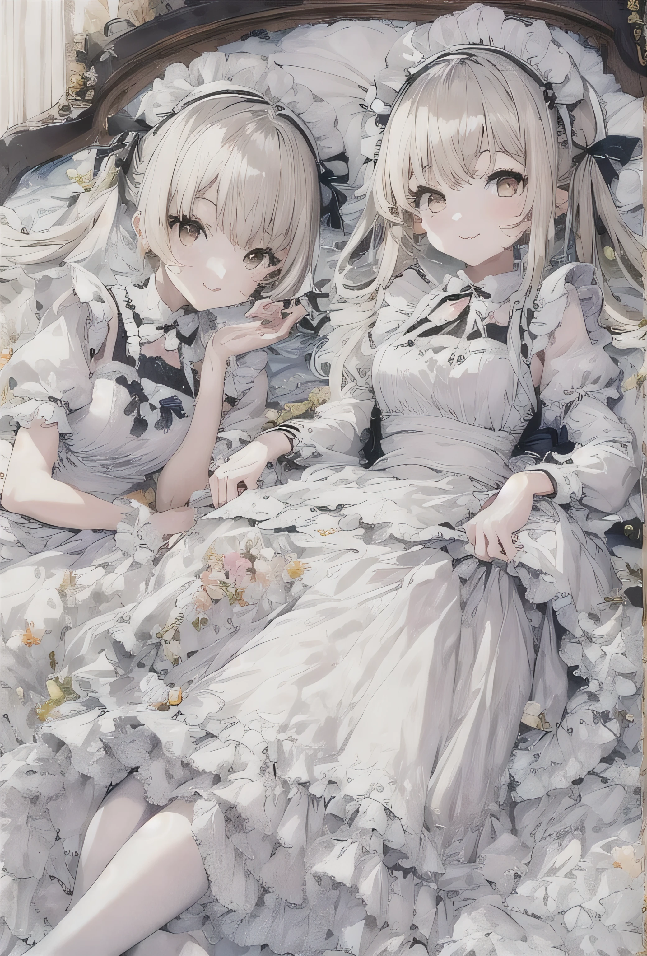 elvish two teen girls, Platinum blonde Hair、Twin tails、Brown eyes、smiling, Black maid outfit(Long sleeve、Long skirt)、White apron(long length、Bow on the back)、White tights、White petticoat(Lots of frills)、White ruffled headdress、Black strap shoes, hugging each other