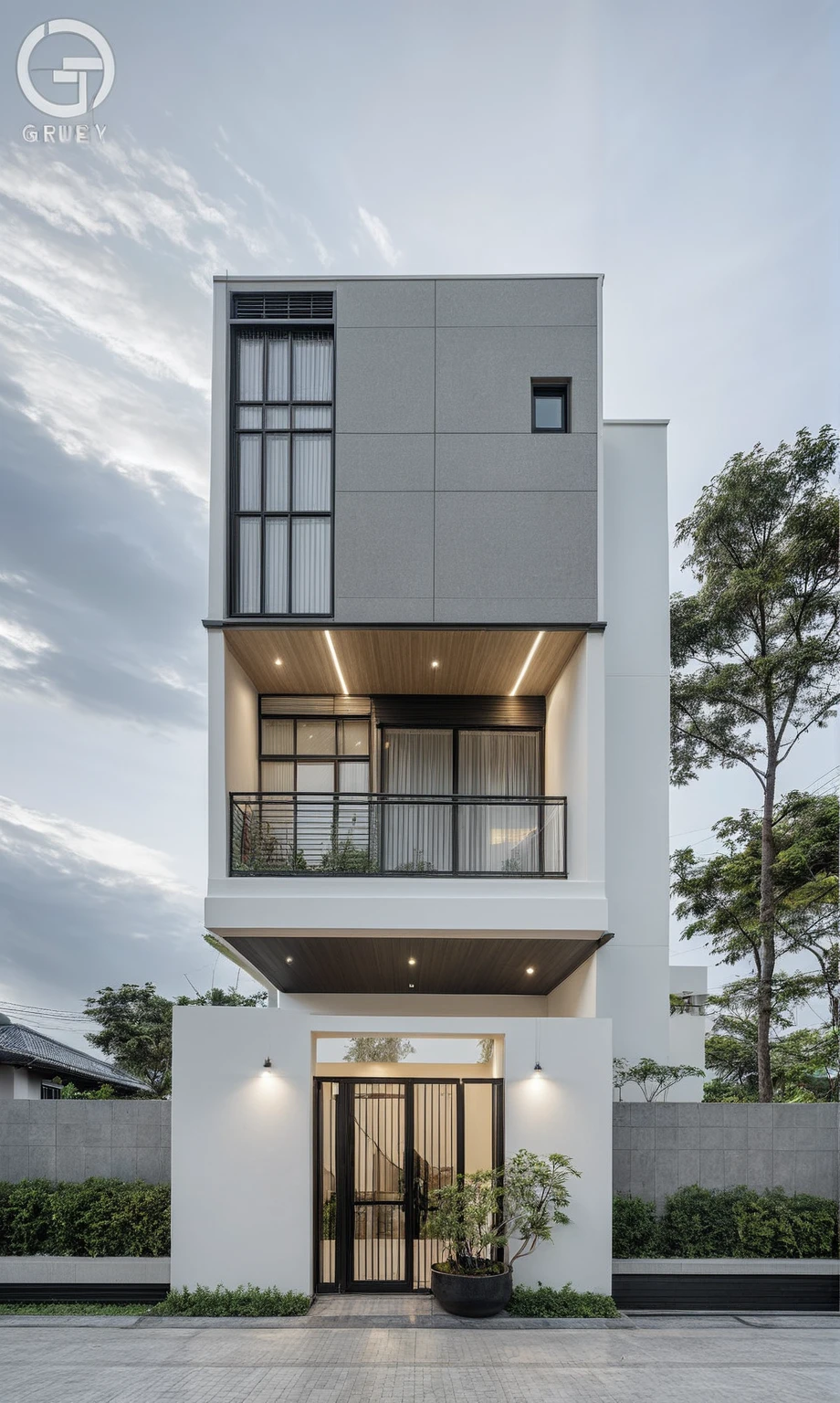 RAW photo, a photo of a modern house, (curvilinear chrchitecture:1.4), Wabisabi style rounded wall, white wall, steel dark gate, sidewalk, sidewalk trees, ((grey gate:1.2)), road, viet nam modern residence, ((architectural shot)), rough white wall, new residential area, wide angle exterior 2022, contemporary house, exterior photography, masterpiece, contemporary architecture, overcast, indirect lighting