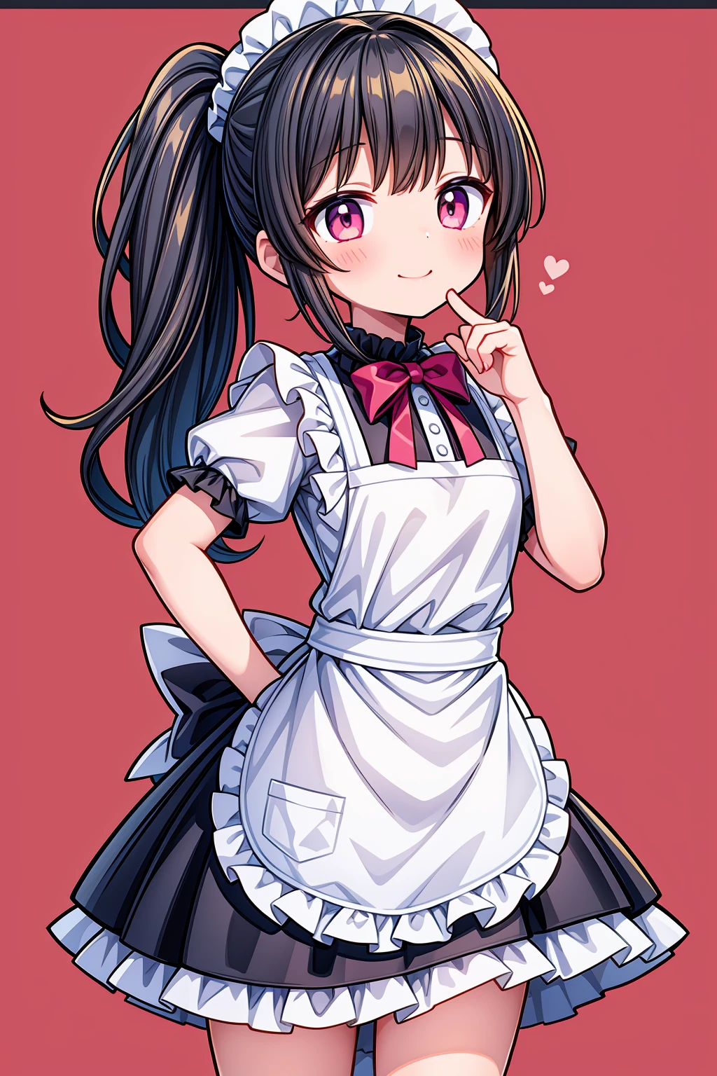 (Highest image quality), (highest quality), (masterpiece), (dynamic lighting), (photo realism), maid uniform, detailed face, ((loli)), ((girl)), (little curve), short black hair, (one side ponytail hairstyle), pink eyes, ((tiny bust)), (apron), smile, winking, (kitchen background), ((very blushing)), ((detailed hands and fingers)), hands on the hips, viewer perspective from below, (blush), more detailed, EasyNegativeV2