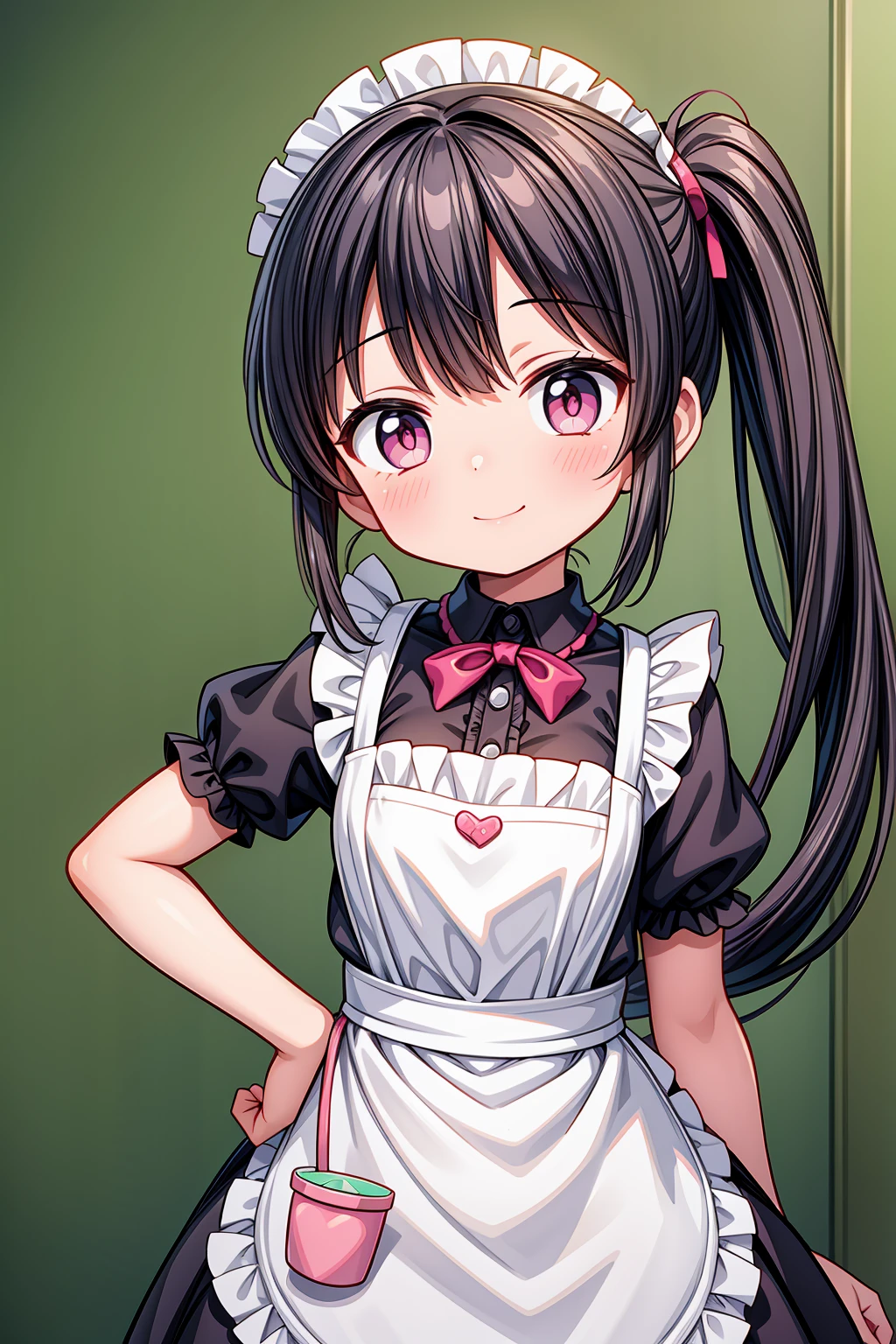 (Highest image quality), (highest quality), (masterpiece), (dynamic lighting), (photo realism), maid uniform, detailed face, (()), ((girl)), (little curve), short black hair, (one side ponytail hairstyle), pink eyes, ((tiny bust)), (apron), smile, winking, (kitchen background), ((very blushing)), ((detailed hands and fingers)), hands on the hips, viewer perspective from below, (blush), more detailed, EasyNegativeV2
